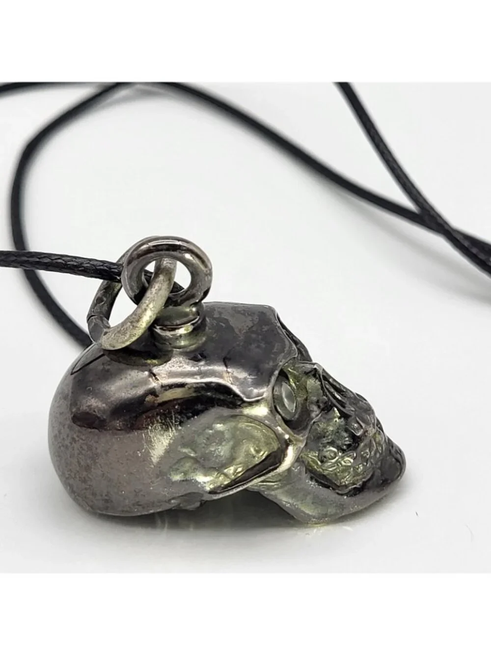 Gunmetal Gray Skull Crystal eyes Bell Pendant Biker Goth Halloween USA Made